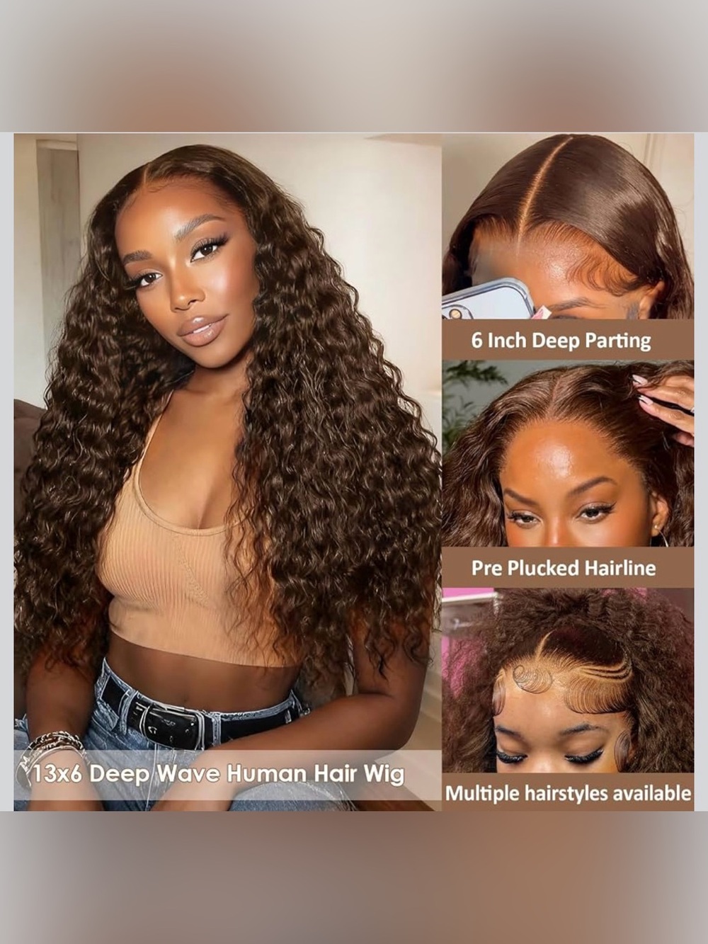 20” Human Hair Wig 13x6 Chocolate Brown Deep Wave Lace Front Wig